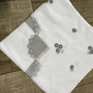 Vintage Ivory Linen Tablecloth Topper 31" Square Beige Hand Embroidered Treasure